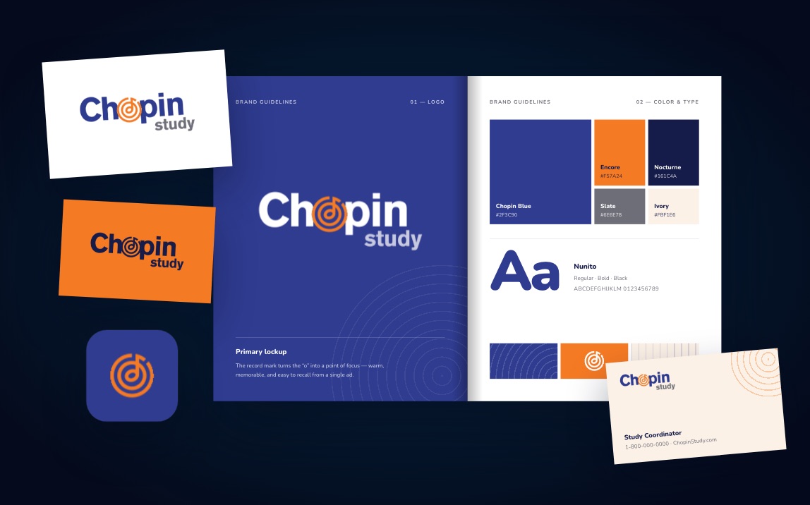 Chopin Study brand identity: logo lockups, brand guidelines, app icon and business card