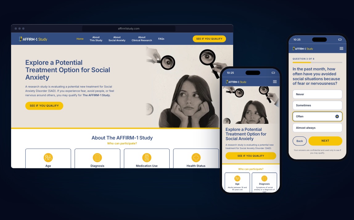 AFFIRM-1 Study website on desktop and mobile with a prescreening questionnaire